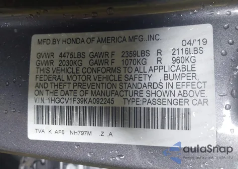 2019 Honda Accord Sport из США, поврежденный, VIN 1HGCV1F39KA092245